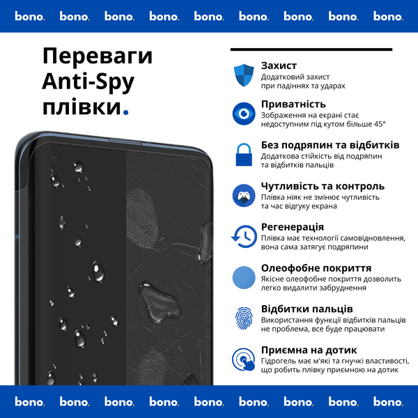 Гідрогелева захисна плівка bono Anti-Spy для Motorola Moto E6s 401200 фото