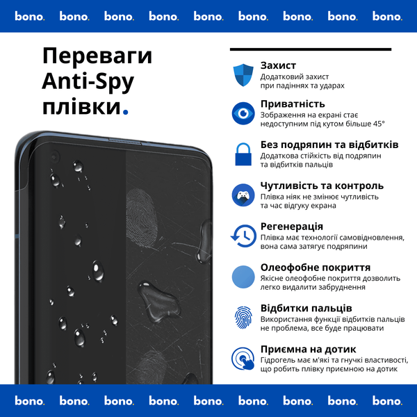 Гідрогелева захисна плівка bono Anti-Spy для Honor 8X 701245 фото